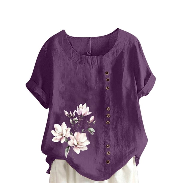 Vestidos Casuales Para Mujer, Blusas De Mujer De Moda Blusa informal de lino con cuello redondo, manga corta y botones para mujer