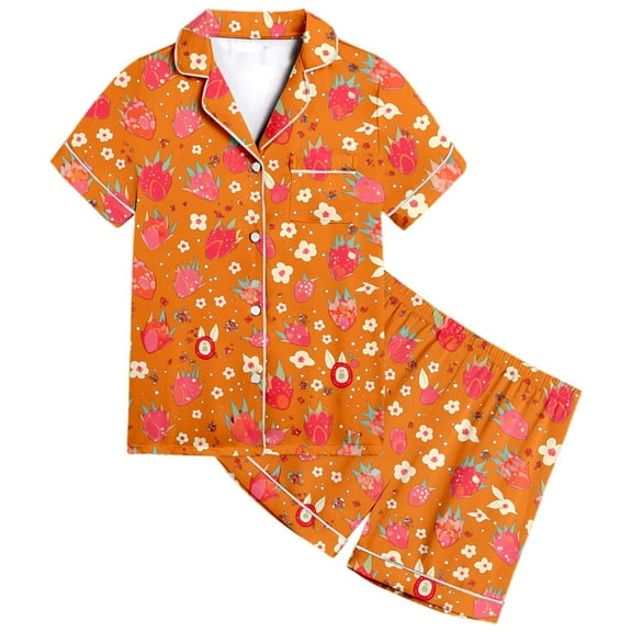 Wdgfv Girls Pajama Set 2-13 Years Soft Short Sleeve Sleepwear Top and Shorts Comfy Loungewear Fruit Print Casual Outfit for Kids Toddler Orange 6-7 Years