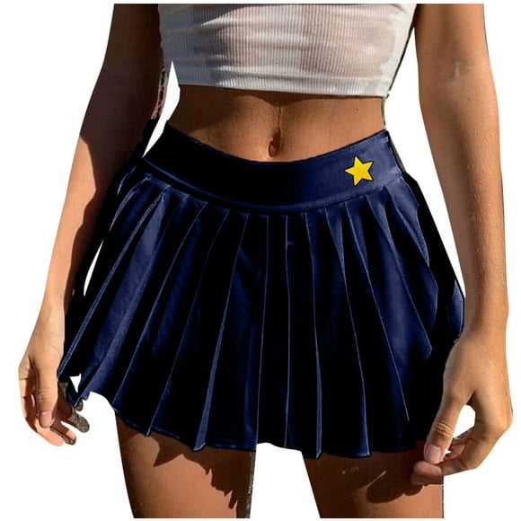 PEZHADA Women's Mini Pleated Skirts Sexy Club High Wiast Stretchy Tennis Skater A-line Skirt Navy
