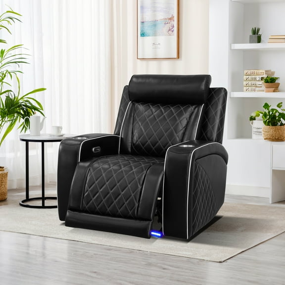 MAYEERTY Leather Recliner Chair, Single Reclining Sofa with LED Lights, Cup Holder & Quiet Motor, for Living Room, Gaming Den & Home Theater