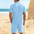 thumbnail image 4 of Havenx Beach Outfit 2 Piece for Men Button Down Short Sleeve Drawstring Shirts and Shorts Lapel Collar Textured Outfits Loose Summer Holiday Vacation Walking Outfits Tracksuit,Light Blue L, 4 of 6