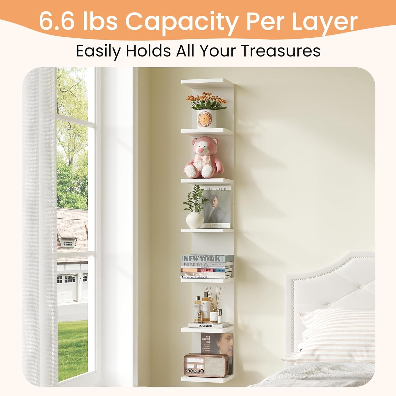 upsimples 7-Tier Floating Wall Shelf, White Wall Mounted Display and Storage Shelf, Decorative Shelves for Bedroom, Living Room, Bathroom, and Office