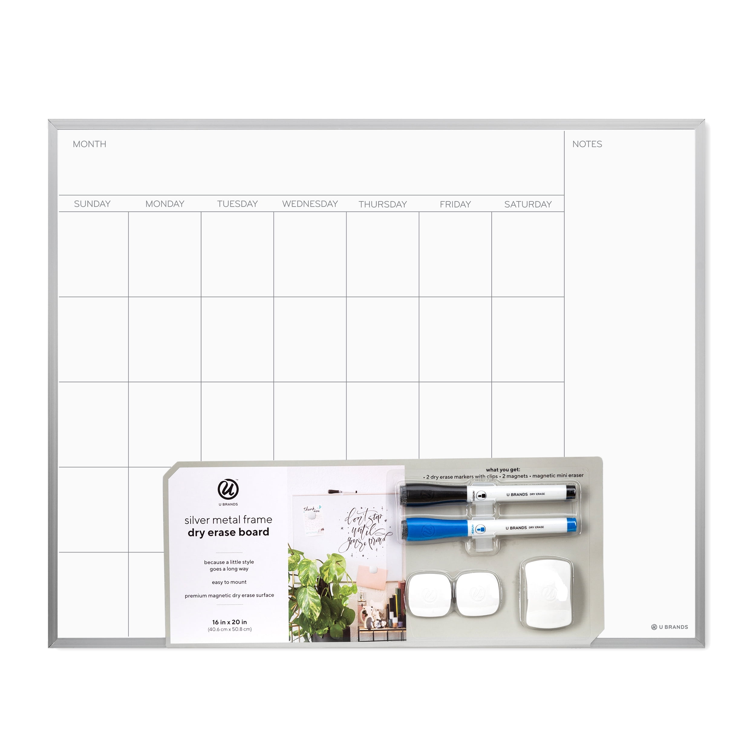 U Brands Magnetic Dry Erase Calendar Board, 16" x 20", Silver, 735U