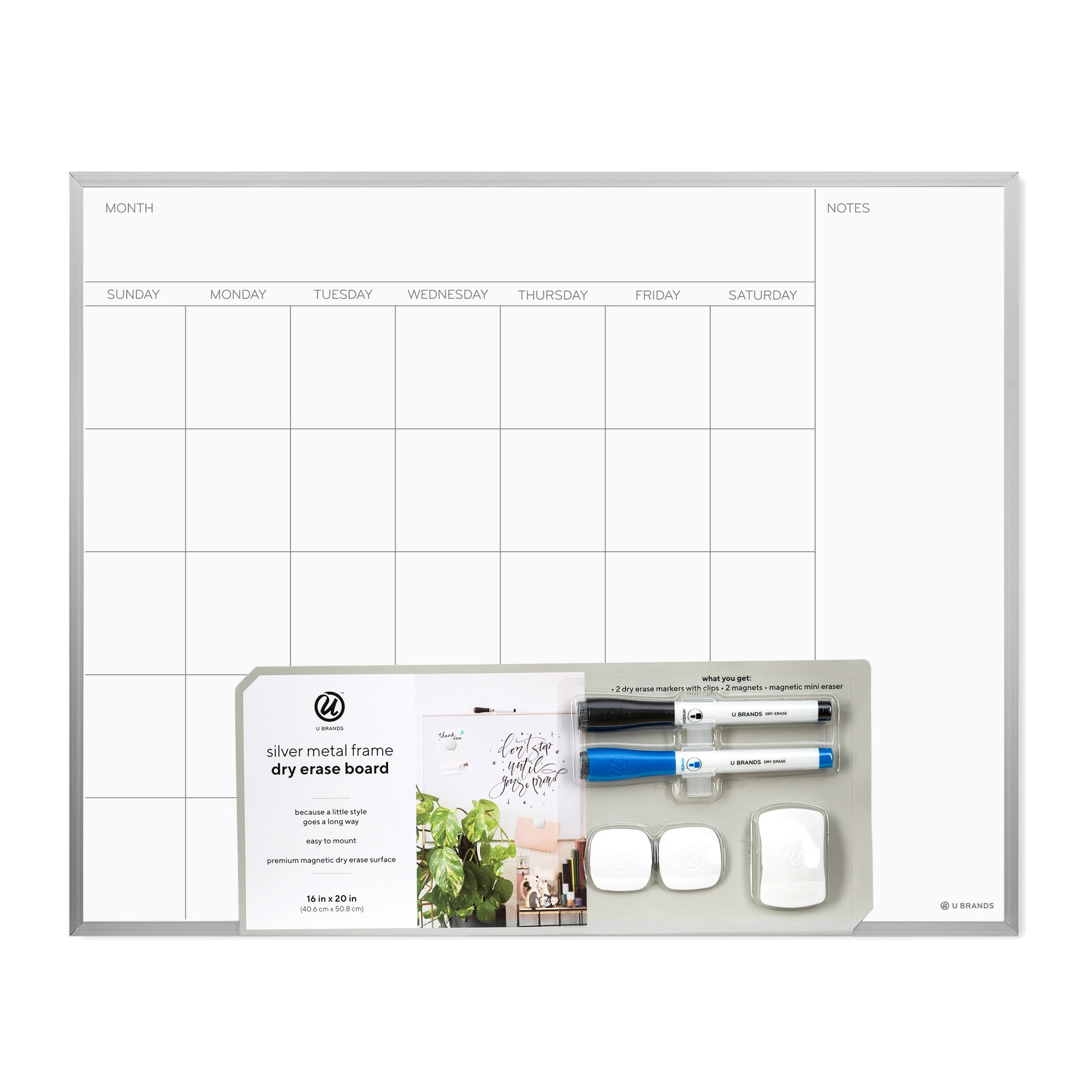 U Brands Magnetic Monthly Calendar Dry Erase Board 16 x 20 inch, Silver Aluminum Frame