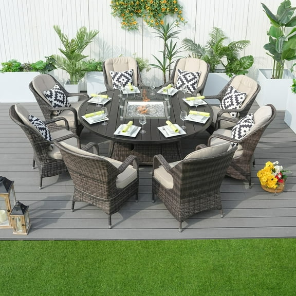 Direct Wicker 8 Seat Round Gas Fire Pit Dining Table With Eton Chair
