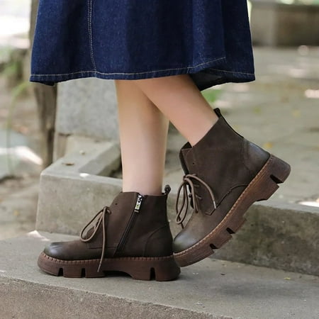 

Careaymade-Genuine Leather women s Boots Autumn New Thick Sole Cowhide Lacing Retro Casual Elevated Boots female s Casual Shoes