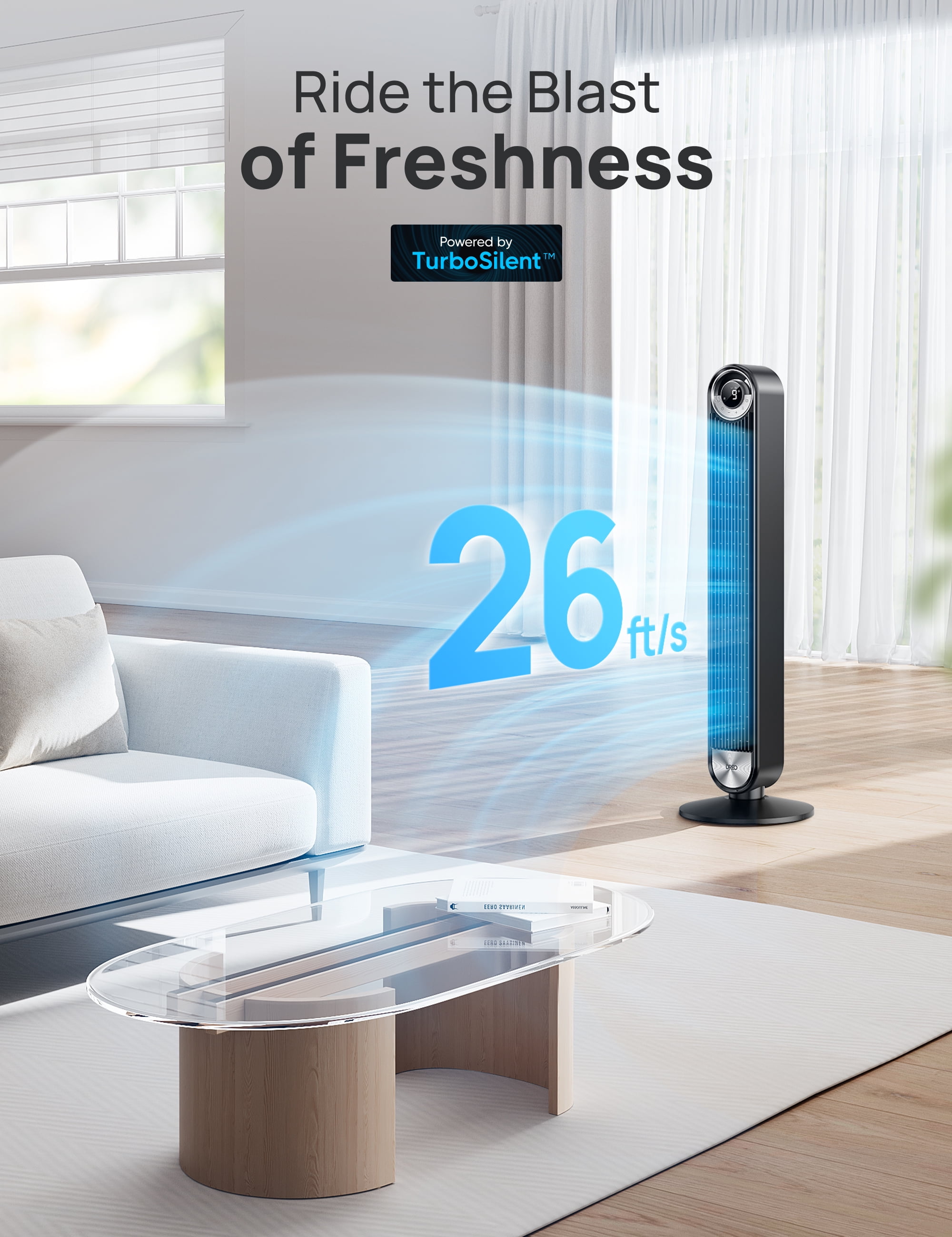 Dreo Tower Fan for Bedroom, Upgrated DC 9 Speeds Utral-Quiet Floor Fan, 90° Oscillating Fans for Indoors with 26ft/s Velocity, 12H Timer, Standing Fans, Bladeless Fan Powerful for Home Office Room
