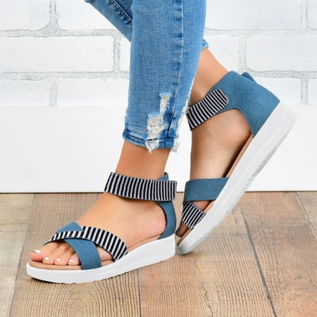 

〖Yilirongyumm〗 Blue 38 Sandals Women Casual Print Cross Leopard Shoes Fashion Strap Ladies Flat Sandals Women s Sandals