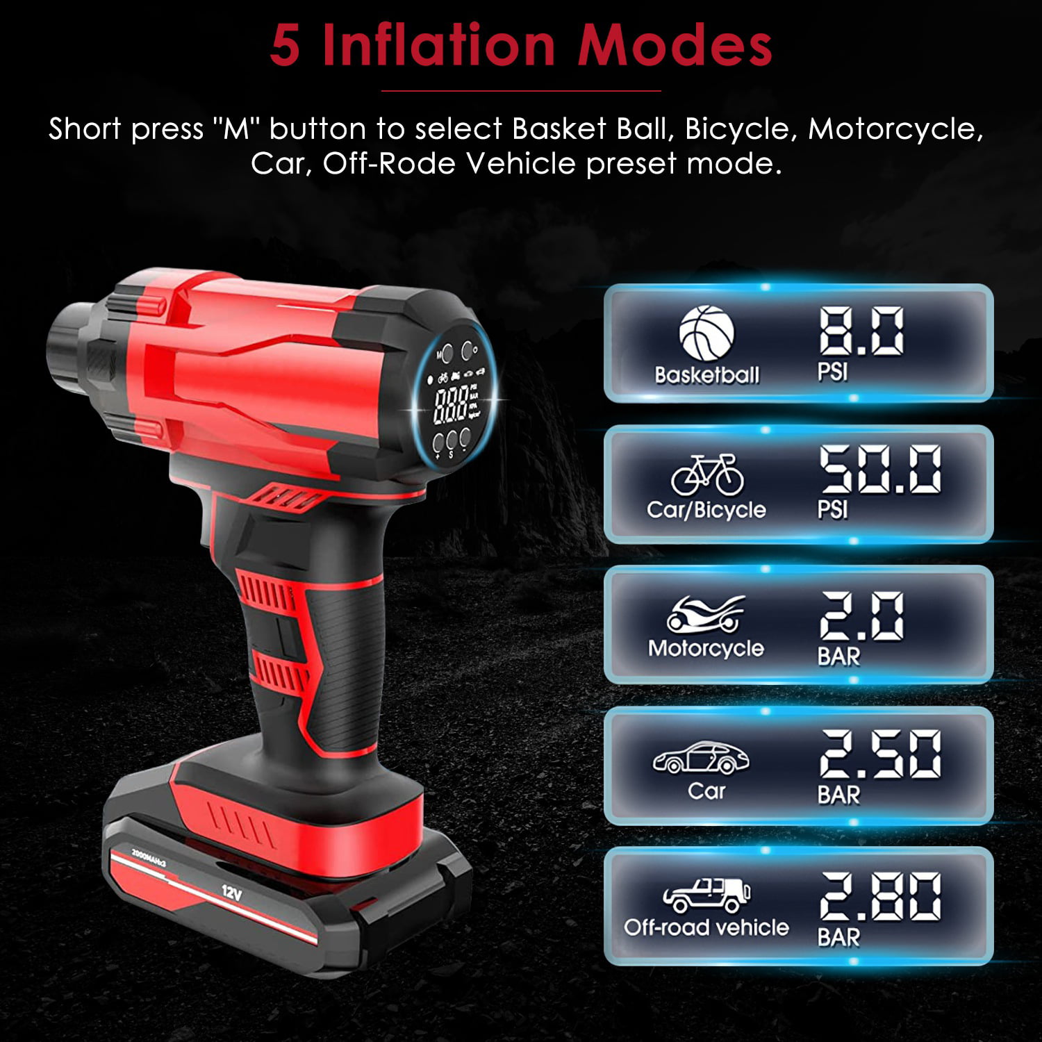 Cordless Air Compressor Pump， Tire Inflator，Rechargeable 2200mAH Battery，With  Digital LCD LED Light，Portable Hand Held Air Pump for Car, RV,  BicycleTruck, Ball, Motor and Other Inflatables