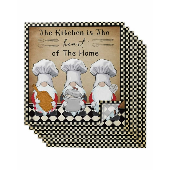Farmhouse Chef Gnomes Cloth Napkins Washable Set of 6, Vintage Black White Plaid Reusable Dinner Table Napkins Cloth Bulk for Weddings Kitchen Restaurants Hotel Events Parties 20 x 20 Inch