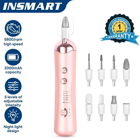 INSMART Cordless Electric Nail Drill Kit – Portable Electric Nail File with 5 Speeds, 3600-5800 RPM, Type-C Fast Charging, LED Light & 8 Bits for Manicure & Pedicure