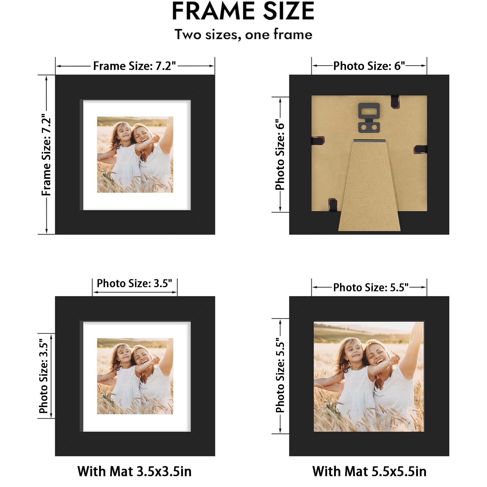 6x6 Picture Frame Set of 2, Display 3.5x3.5 Picture with Mat or 6 x 6 Without Mat, Square Wood Photo Frame for Wall Mount and Tabletop Display
