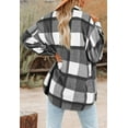 thumbnail image 2 of Women's Brushed Plaid Shirts Long Sleeve Flannel Lapel Button Down Pocketed Shacket Jacket Coats,Black,XX-Large,, 2 of 3