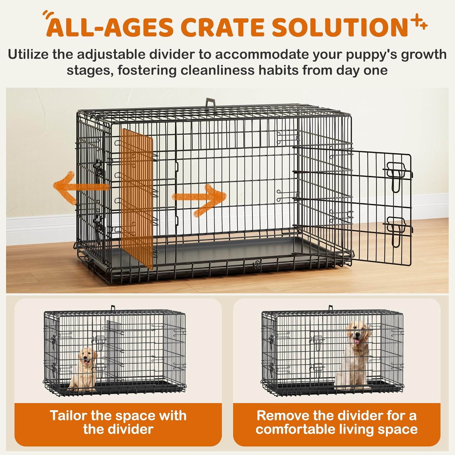 LibraMAl 42 inch Double Door Dog Crate w/Divider for Puppy to Adult XL Collapsible Metal Crate with Removable Tray Wire Dog Kennel for Large Dogs Portable Travel Cage, Black
