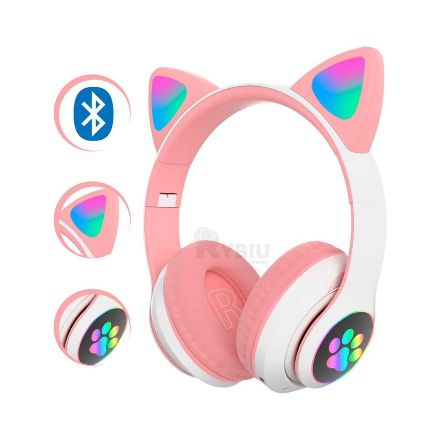 Audifonos Bluetooth Over Ear Orejas Gatito RGB Rosado Total