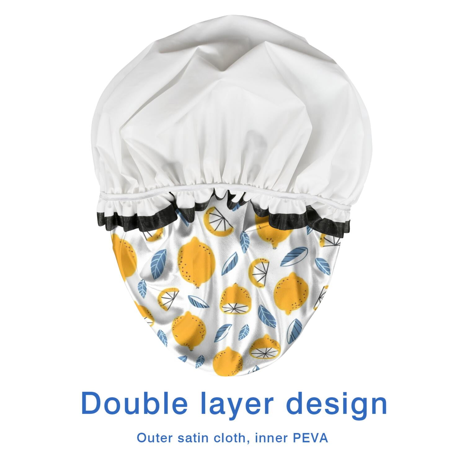Shower Caps,Yellow Lemon Fruit Slices White Pattern Waterproof Shower Cap for Women 4 Pieces,Double Reusable Hair Cover for Shower PEVA Elastic Stretch Hem