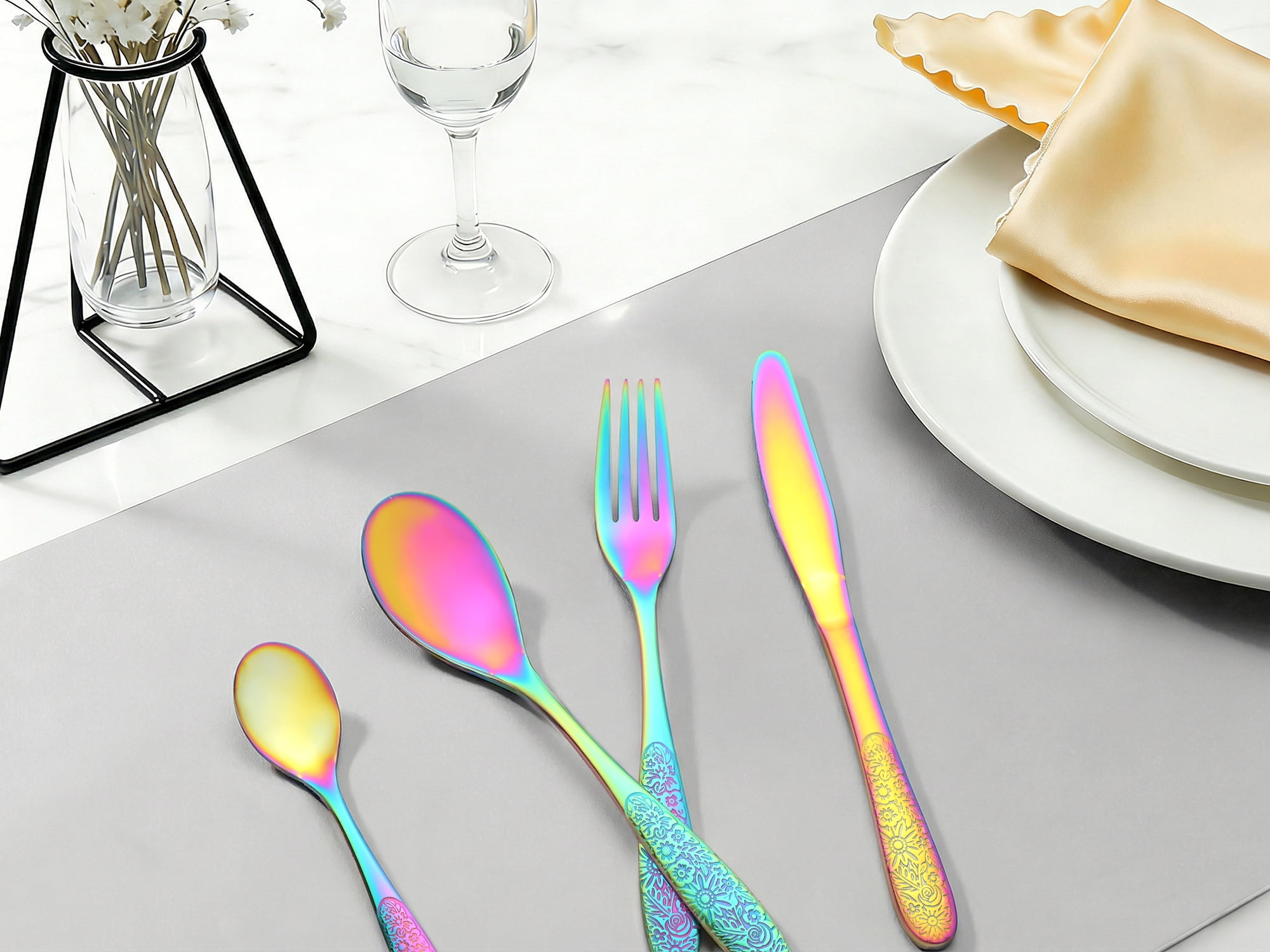 Unique Bargains 4 Piece Stainless Steel Floral Flatware Colorful 4