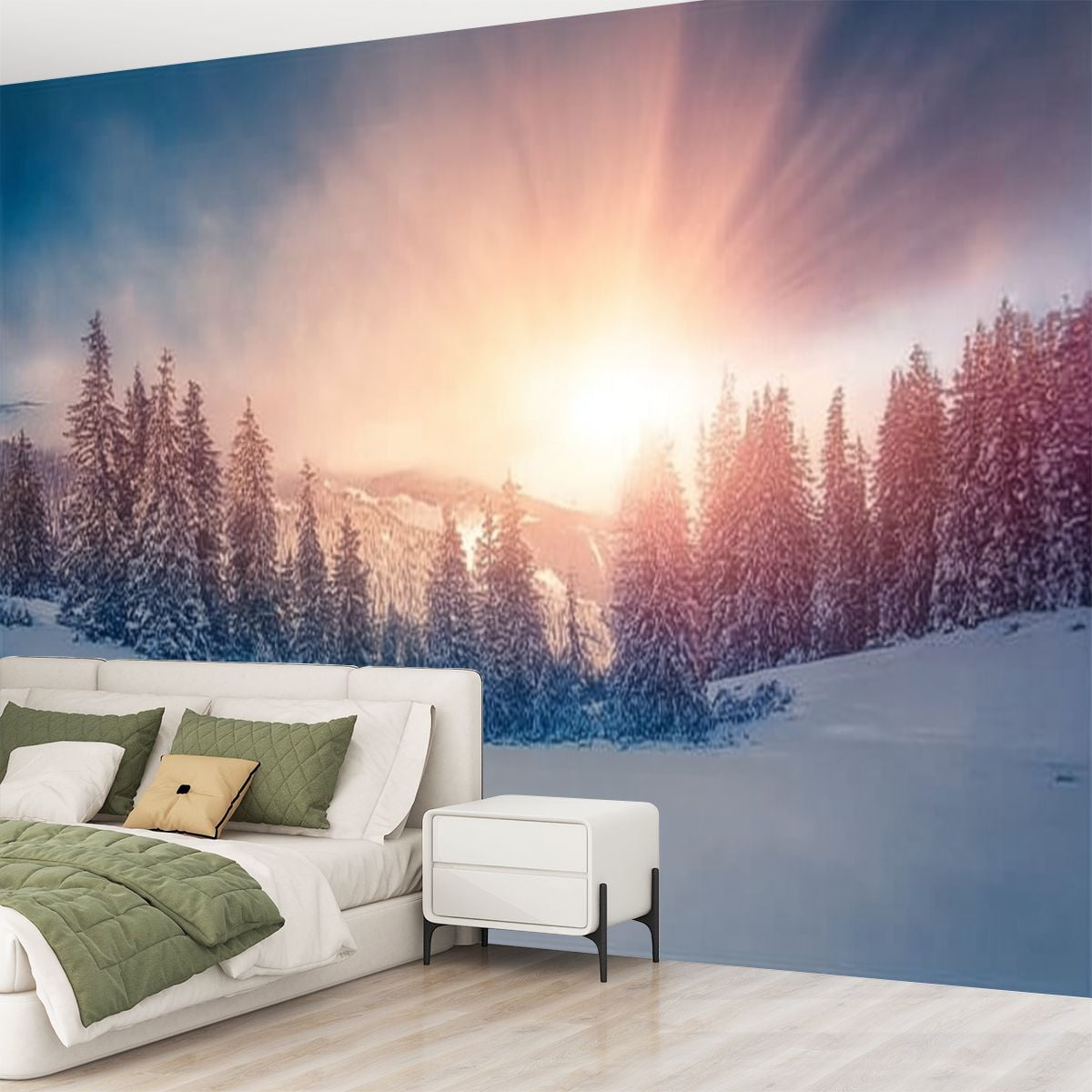 Peel and Stick Wallpaper Colorful winter scene Carpathian mountains Modern Art Wall Mural Decor Self Adhesive and Removable 69in x 98in