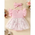 thumbnail image 3 of Infant Baby Girls Summer Rompers Dress Floral Print Bear Patch Fly Sleeve Mesh Tulle Skirt Hem Bodysuits with Headband, 3 of 9