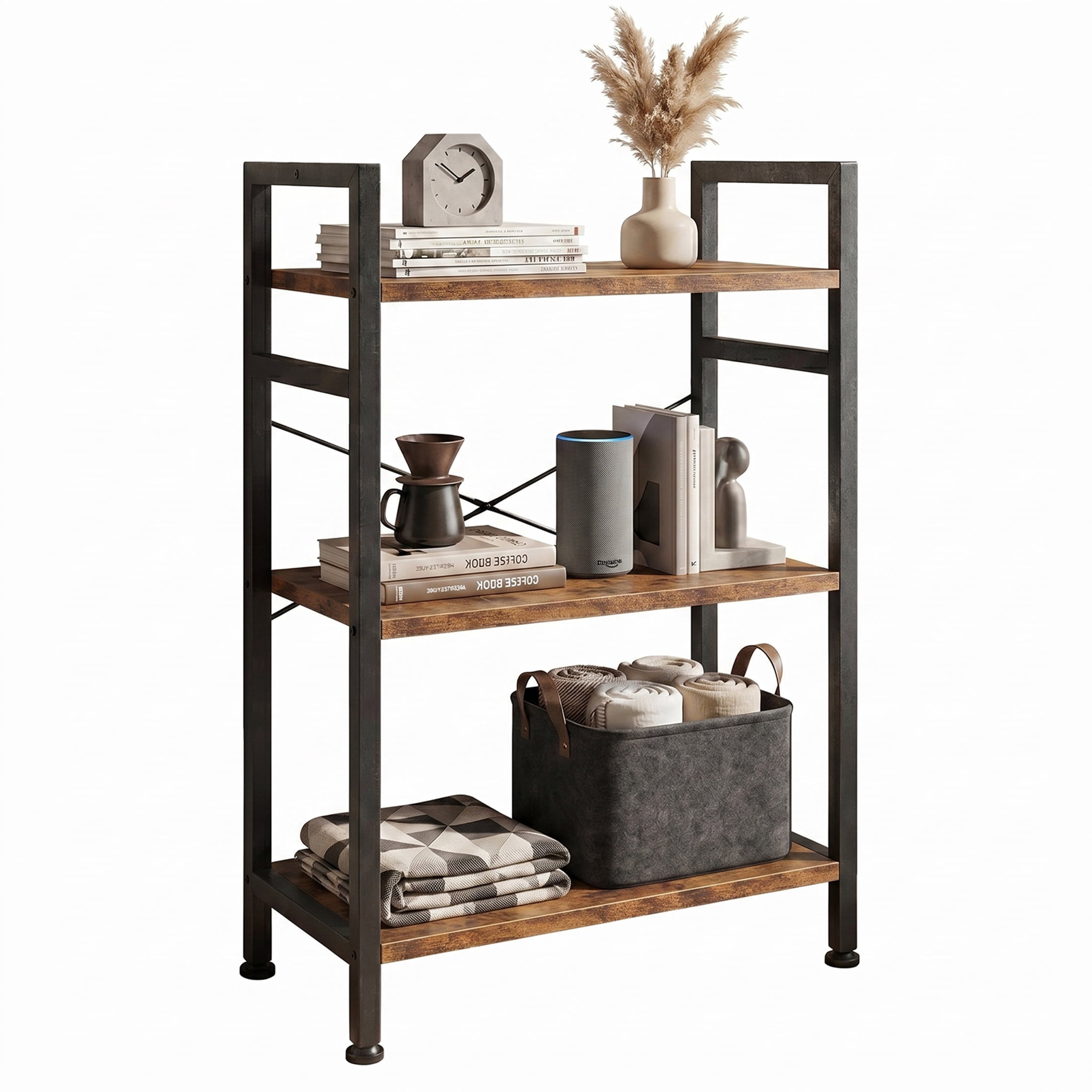 CONCETTA Bookshelf, 3-Tier Small Industrial Storage Shelf & Shelves, Metal Bookcase for Home Office, Living Room, Rust Brown