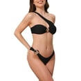 thumbnail image 4 of INSPIRE CHIC Women's Asymmetric One Shoulder Strap Metallic Ring Bikini Sets, 2 Piece Triangle Bottom Swimwear Small Black, 4 of 5