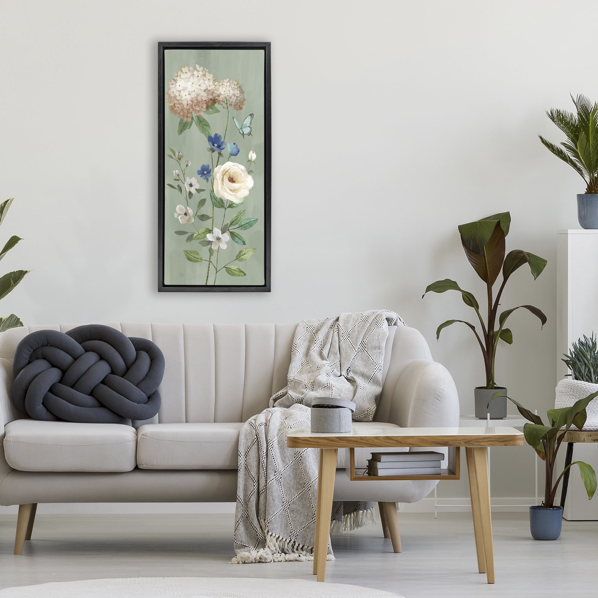 Stupell Industries Hydrangea & Rose with Butterfly Black Framed Floater Canvas Wall Art, design by Nan