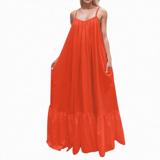 NIEWTR Robe d'Été Ample pour Femme, Robe de Plage d'Été à Col en V Sans Manches, Décontractée et Fluide, Maxi (Orange, G)