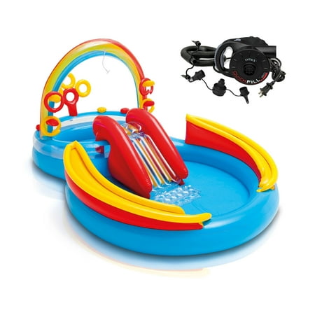 Rainbow Accents Cruiser Center - Intex Inflatable Pool Water Play Rainbow Ring Center Slide w/ Electric Air Pump