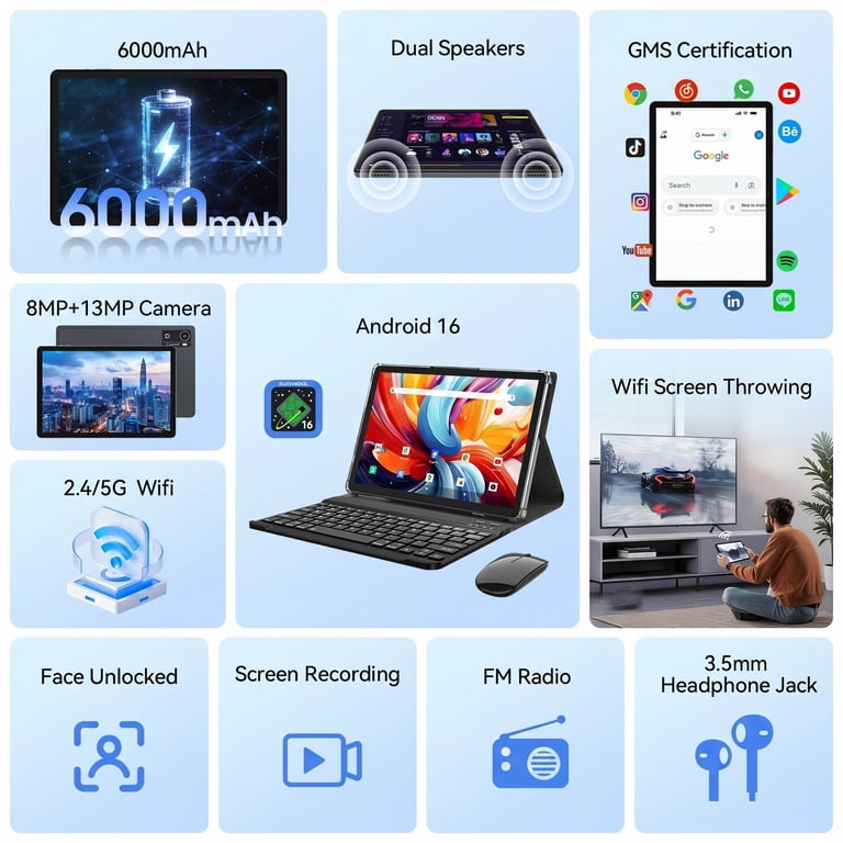 Android 16 Tablet,10 Inch Tablet,12GB RAM 64GB ROM,MTK6769 Octa