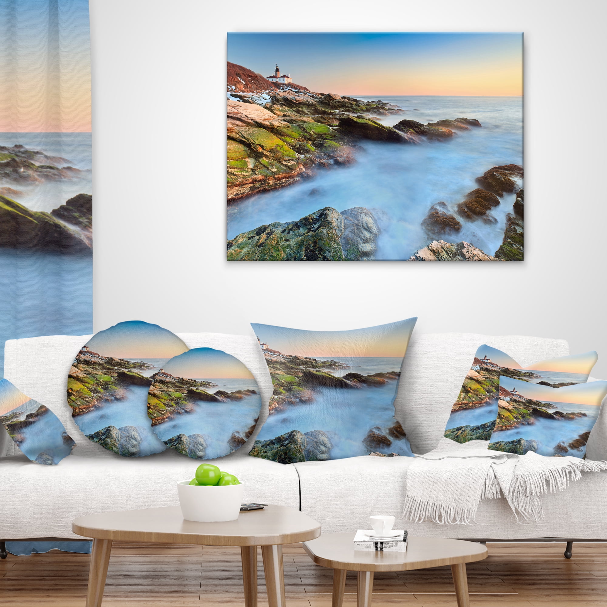 Designart Beavertail Lighthouse During Winter - Beach Photo Throw Pillow - 18x18