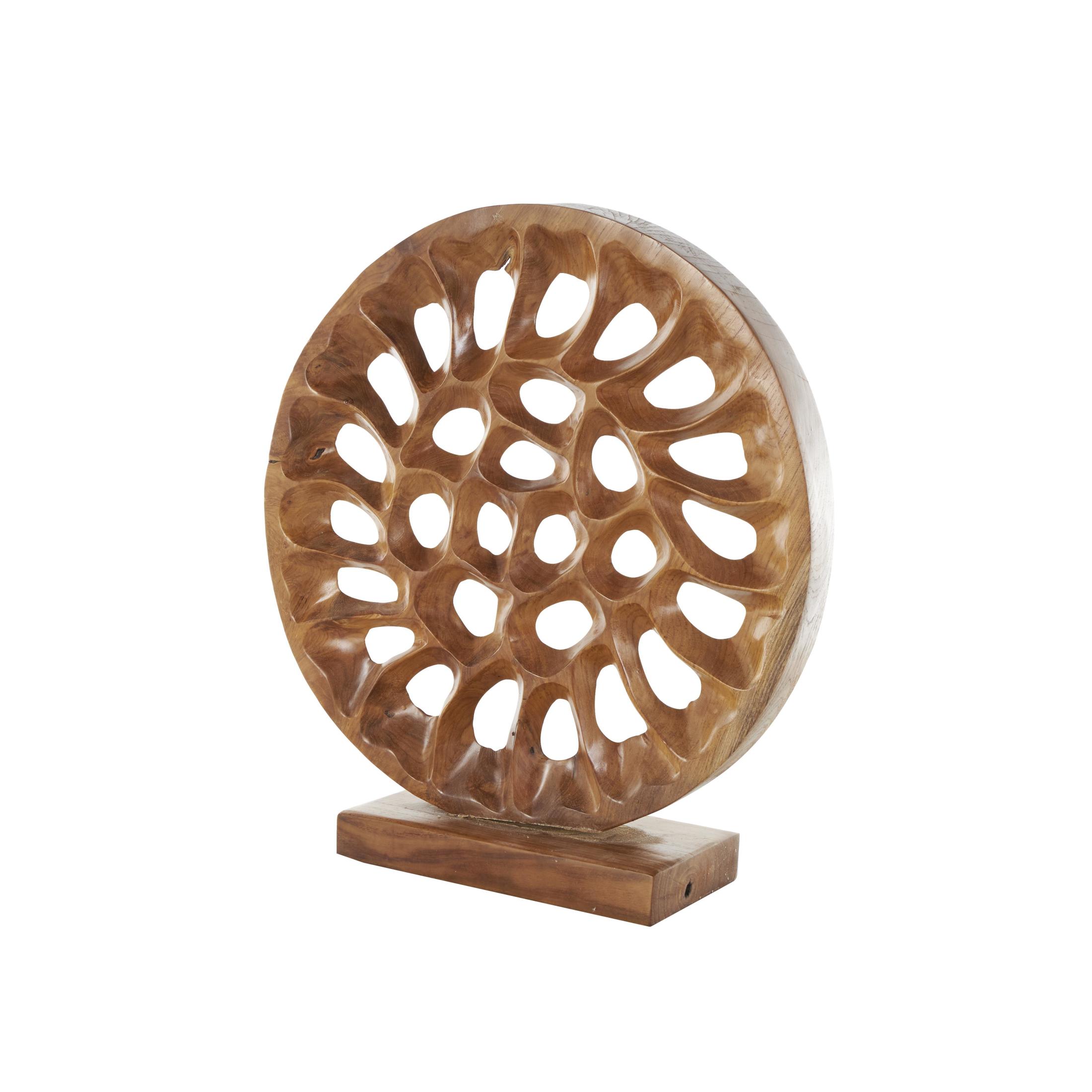 20" x 21" Brown Teak Wood Handmade Circular Cutout Abstract Sculpture, by DecMode