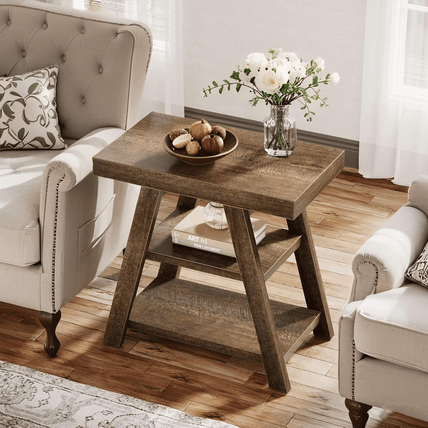 Tribesigns End Table for Living Room, 3-Tier Narrow Wood Farmhouse Sofa Side Table with Storage Shelf, Vintage Heavy-Duty Bedside Table for Bedroom, Rustic Brown