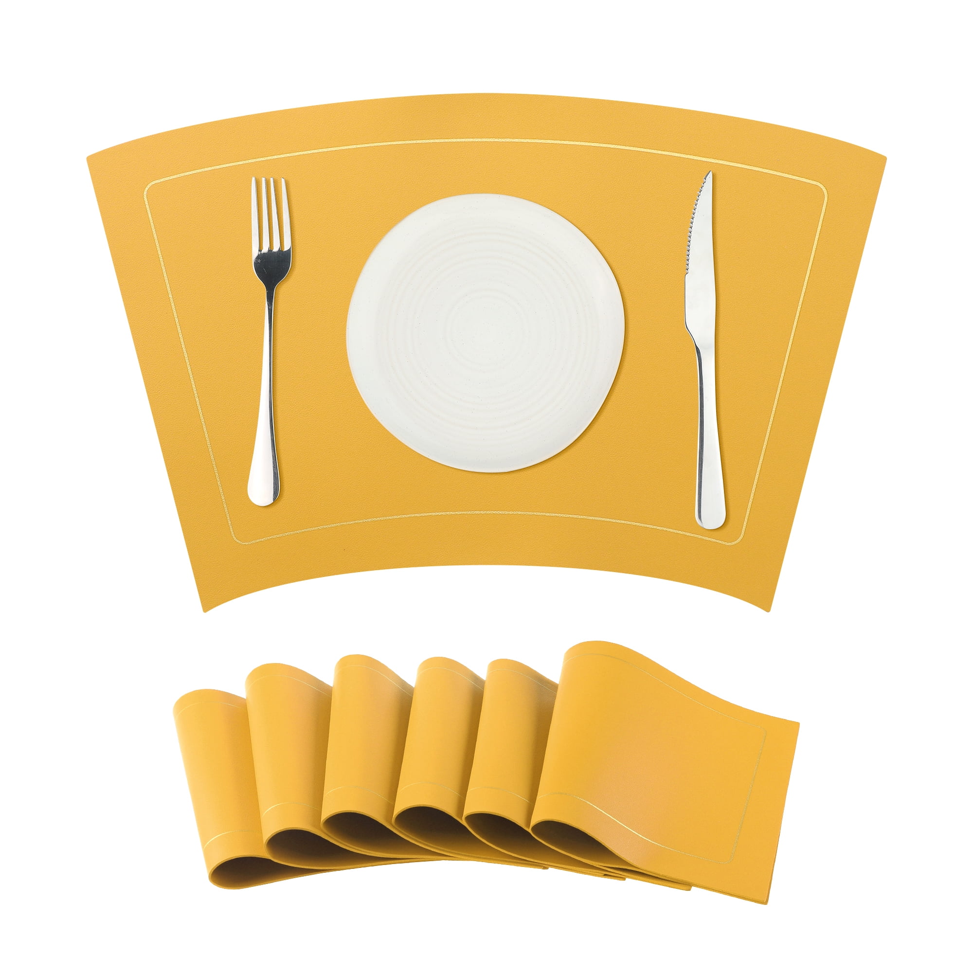 Unique Bargains Set of 6 Wedge Faux Leather Heat Resistant Wipe Clean Round Table Mats Yellow