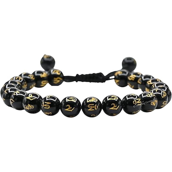 Om Mani (Black Agate) Crystal Bracelet - 8mm Beaded Bracelet and Healing Stones