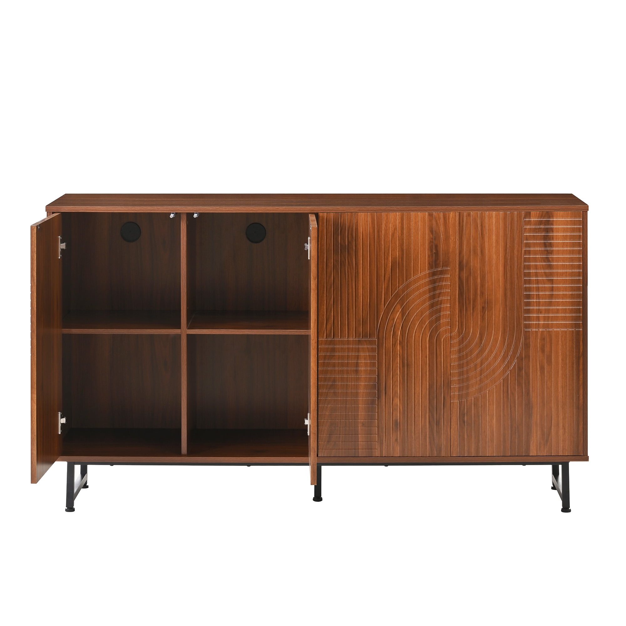 Aukfa 59" Mid-Century Modern Storage Cabinet, Wood Sideboard with Geometric Doors, Metal Legs for Living Room/ Entryway,Walnut