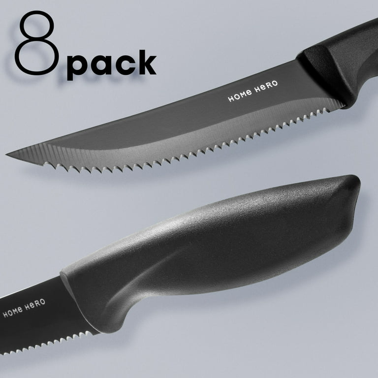 Stllab Steak Knives Set of 8, Serrated Stainless Steel Steak Knife,  Dishwasher Safe, Black
