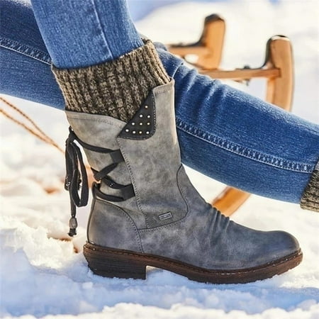 

SQUARE HEAD Women s Winter Boots Casual Flat Bottomed Snow Boots Leather Bandage Boots Gray 35