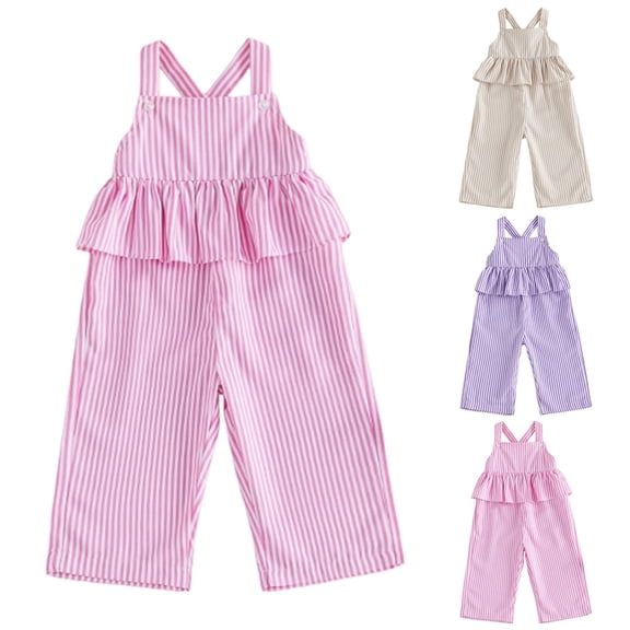 Faraee Toddler Baby Girl Clothes Ruffles Striped Romper Jumpsuit Suspender Pants Bib Overalls Spring Summer Outfits Beige 12-18 Months