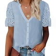 thumbnail image 2 of 2025 Clearance under $5 asdoklhq Womens Plus Size Tops Clearance,Women Solid V-Neck Lace Crochet Eyelet Short Sleeve Buttons Shirts Blouses Tops, 2 of 5