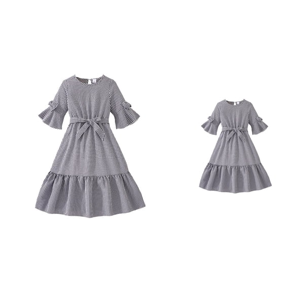 Kids Girls Summer Plaid Midi Dress, Casual Swing Style with Waist Tie and Short Sleeves