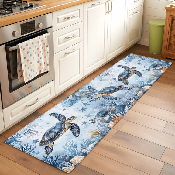 2x6 Kitchen Runner Rug, Coastal Beach Non-Skid Rubber Backing Large Rectangle Rugs - Living Room Bedroom Home Office, Sea Turtle Nautical Coral Starfish Indoor Floor Mat Carpets Washable Rug