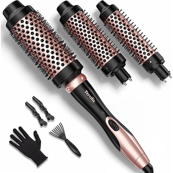 wonima11 3-in-1 Ceramic Thermal Brush Set, Quick Heating Hot Brush, 3 Interchangeable Curling Wands Iron for Short, Medium & Long Hair (1.25"", 1.5"", & 1.75""), Dual Voltage, Rose Gold
