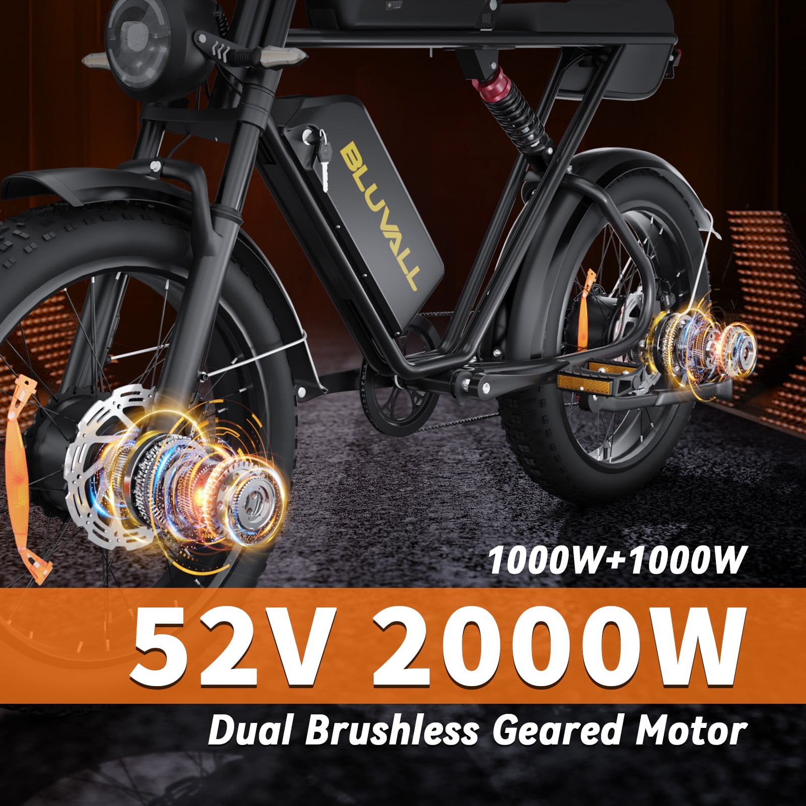 Bluvall Electric Bike for Adult, Peak 3000W 20" Fat Tire 52V 46AH Removable Battery, 39MPH 7-Speed Disc Brake off-Road Mountain Ebike UL2849