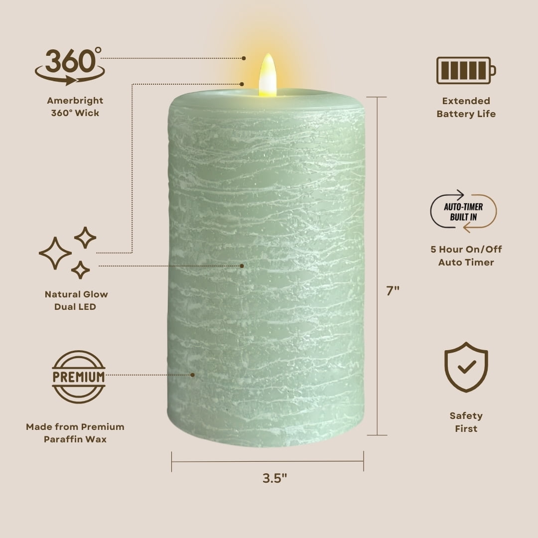 LumiPur Signature Natural Glow Flickering Flameless LED Wax Pillar Candle (3.5" x 7", Sage Green)