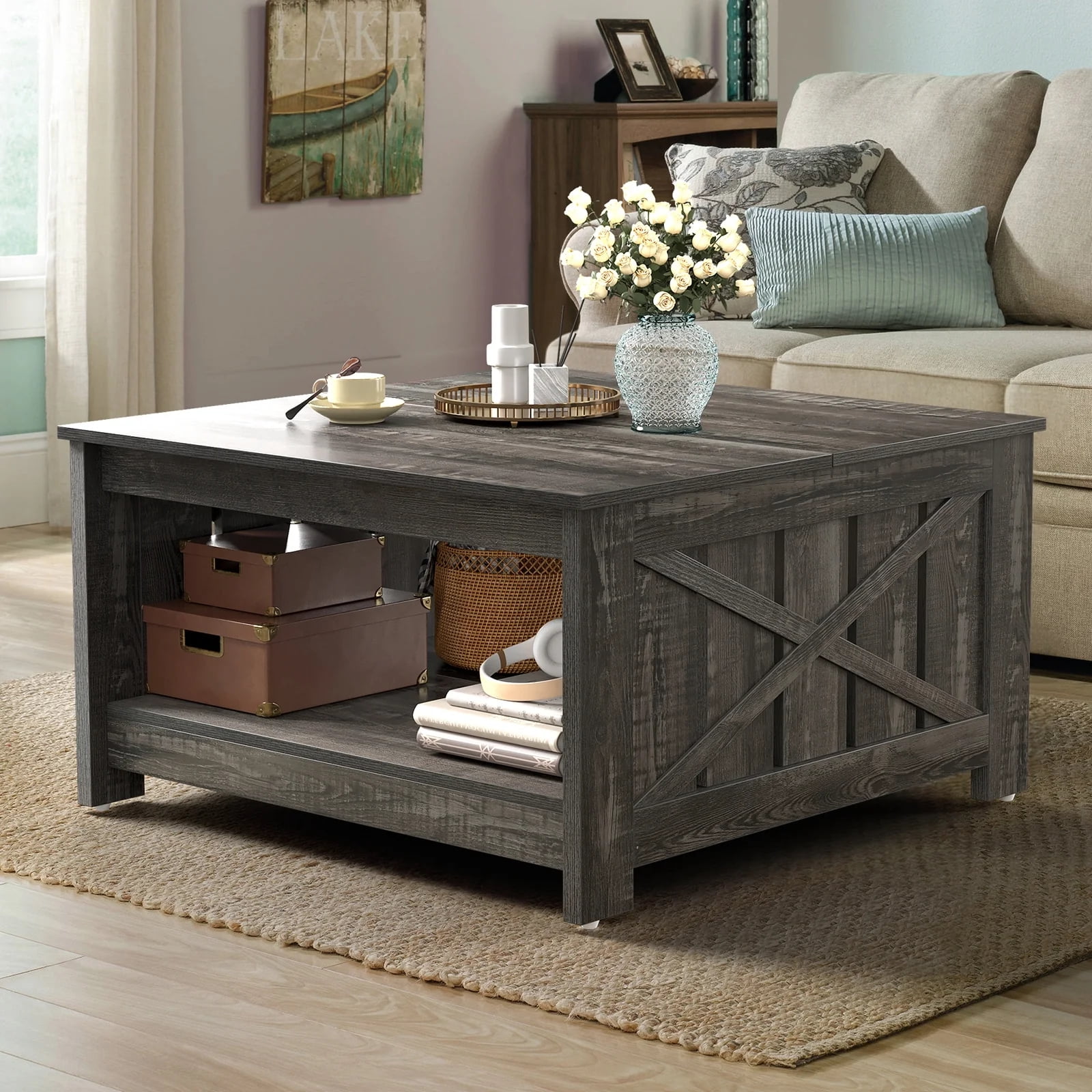 Dextrus Coffee Table with Storage, Square Wood Farmhouse Coffee Table with Barn Door for Living Room, Dark Gray