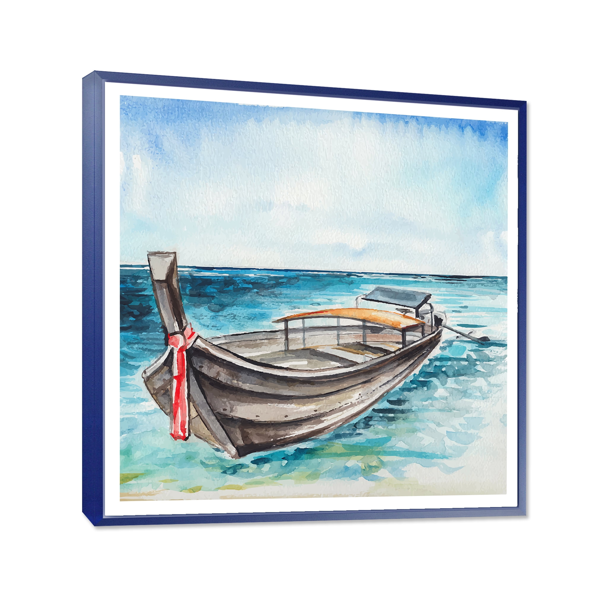 Little Boat At The Lake Shore 16 in x 16 in Framed Painting Canvas Art Print, by Designart