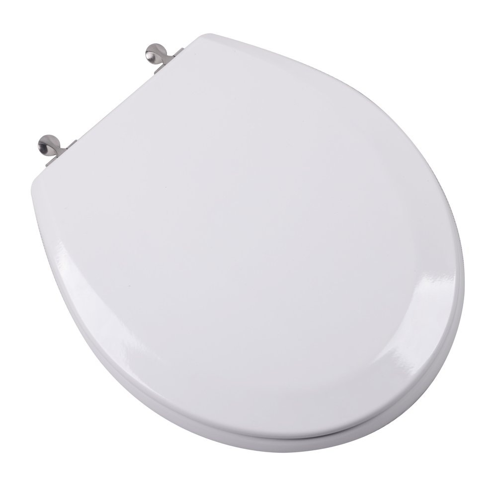 Bath Decor Deluxe Round Front Molded Wood Toilet Seat in White with Metal Hinges in Oil Rubbed