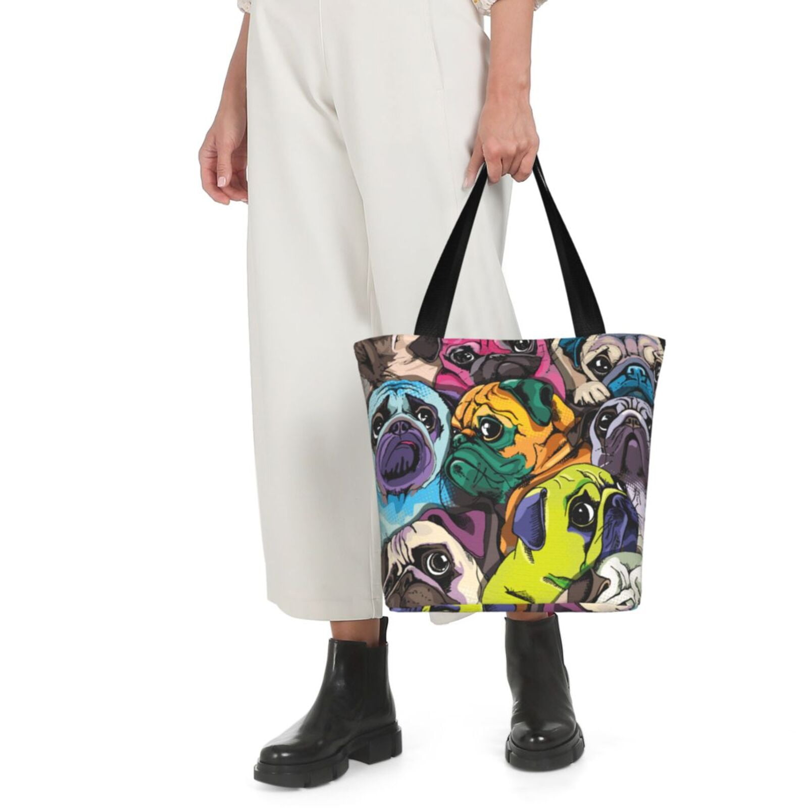 Ratiio Colorful Pug Print Shoulder Bag for Women, Polyester Crossbody Purse Lightweight Handbag for Daily Travel and Casual Use