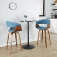 thumbnail image 3 of Vintage Mod 26" Mid-Century Modern Fixed-Height Counter Stool with Swivel in Walnut Wood and Blue Fabric with Round Chrome Metal Footrest by LumiSource - Set of 2, 3 of 9
