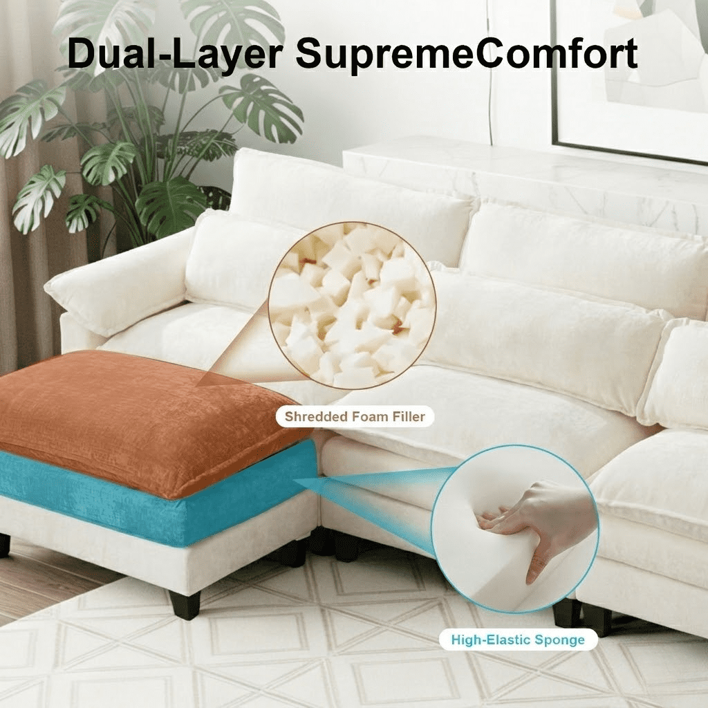 Howcool 148" Modular Sectional Sofa , 4 Seater L-Shaped Cloud Couch with Movable Ottoman, USB Charging Ports & Side Pockets, Sectional couchs for Living Room,Chenille Fabric,Beige